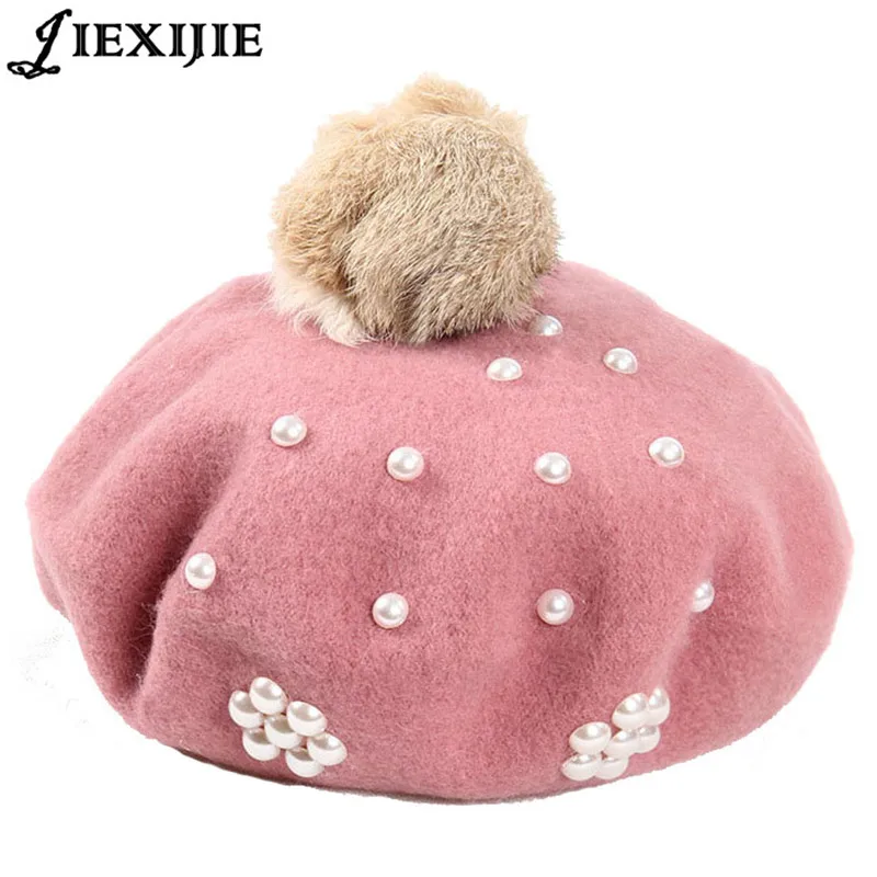 

Female Korea Pearl hat British retro beret hats bud Womens Sweet Solid Warm Wool Winter Beret French Artist Beanie Hat Ski Cap