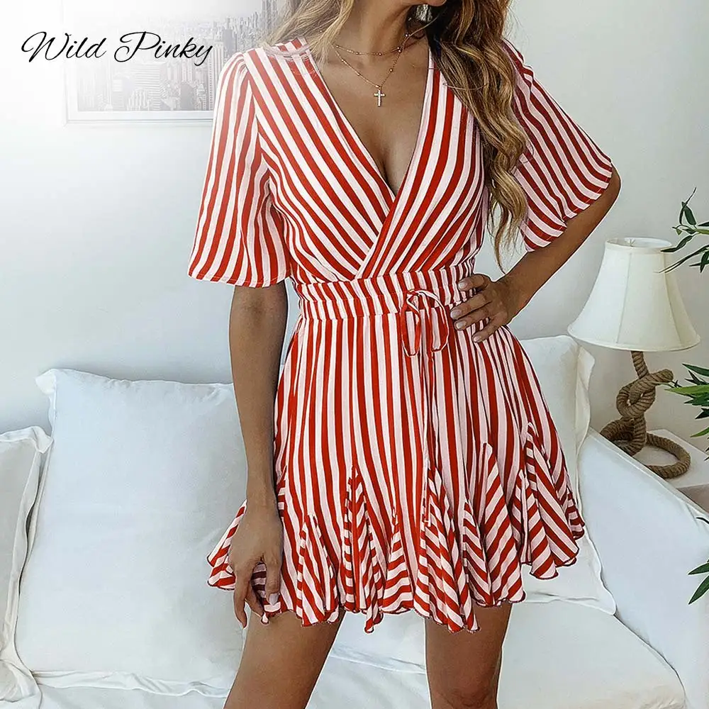 WildPinky Винтаж полосатый женское платье V шеи рюшами хлопка короткое летнее плюс