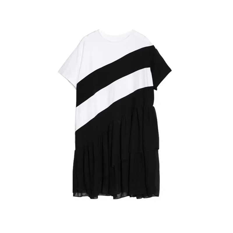 

CHICEVER Summer Striped Dress For Women O Neck Short Sleeve Oversized Hit Color Knee Length Dresses Female Fashion 2020 New