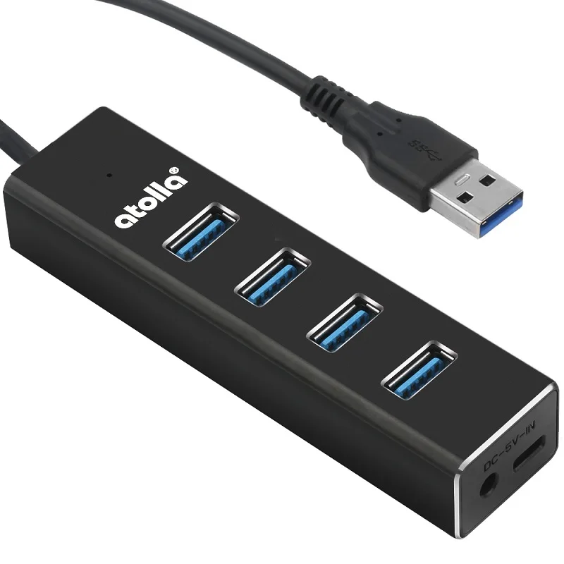 Atolla 4-Порты и разъёмы USB 3,0 центр данных Алюминий USB 3 удлинитель сплиттер с блоком питания постоянного тока/микро USB Порты и разъёмы для Питание и OTG USB флэш накопитель для планшетного компьютера - Цвет: Metal black 4 port