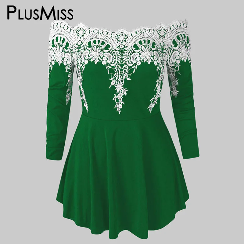 Темно-зеленый PlusMiss размера плюс 5XL сексуальный из кружев «кроше» с длинной баской блузка женские большие размеры с открытыми плечами платье-туника с длинным рукавом Топы женские XXXXL XXXL XXL - Цвет: Темно-зеленый
