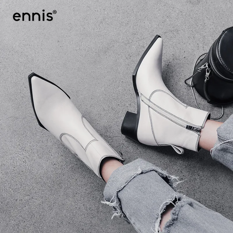 ENNIS/ г.; дизайнерские черно-белые ботинки «Челси»; женские ботильоны из натуральной кожи; женские ботинки с острым носком; обувь на молнии; Новинка; A9101