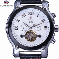 forsining fashion casual calendar tourbillion white dial genuine leather men watches luxury top brand automatic mechanical watch