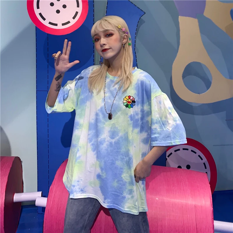 Модная футболка женская летняя одежда корейский стиль Ulzzang Harajuku Цветочные Emboridery галстук окрашенная Футболка женская Повседневная рубашка Топ