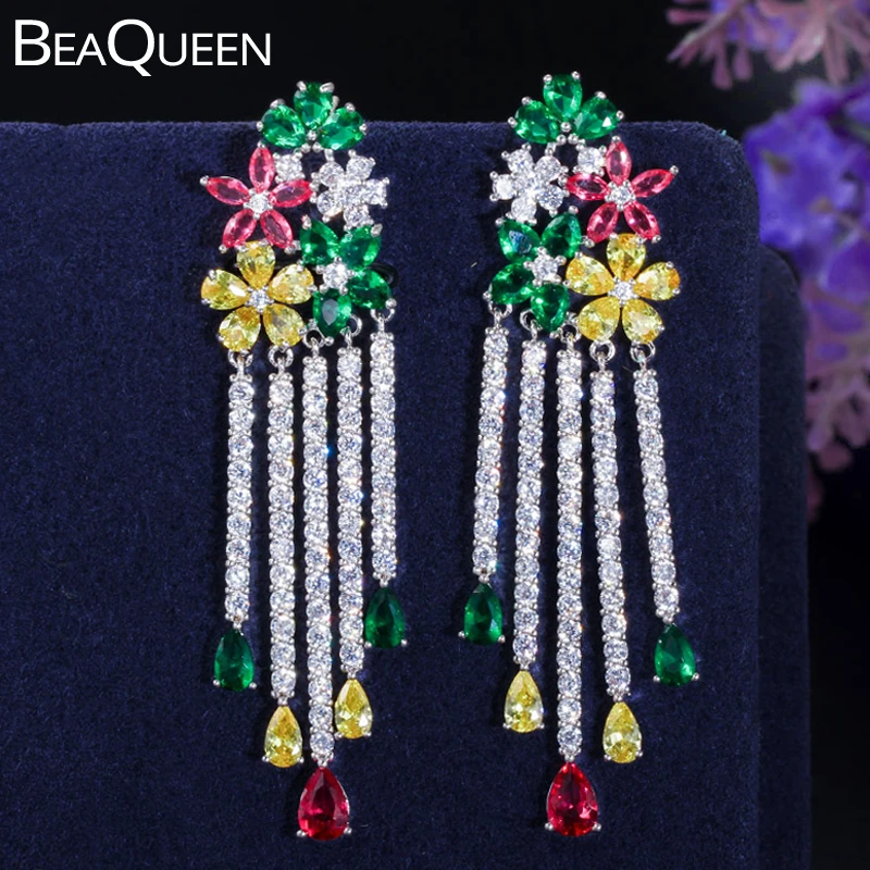 BeaQueen Красочные CZ хрустальные длинные висячие серьги с кисточкой для женщин цыганское Бохо Стерлинговое Серебро 925 пробы ювелирные изделия E283