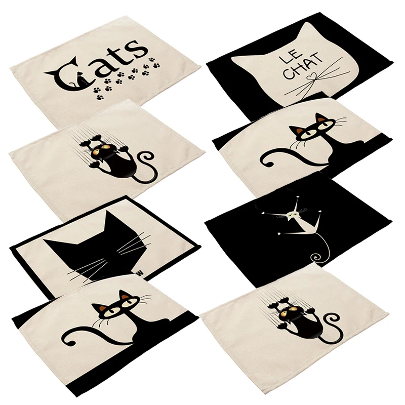 

Cartoon Black White Cat Printed Placemats Dining Tables Coaster Cloth Insulation Coffee Tea Cup Pad Kitchen Placemat for Table