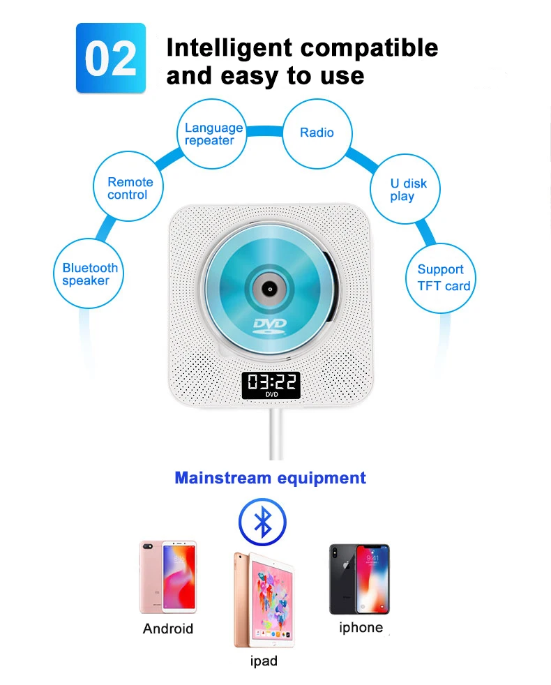Настенный bluetooth CD-плеер с дистанционным дисплеем Функция bluetooth CD-плеер поддерживает MP3 WMA VCD DVD формат английский learni