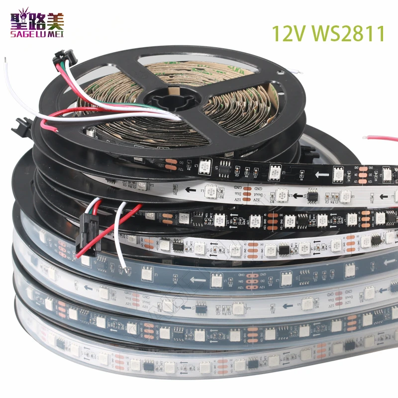 

SMD5050 RGB Гибкая Адресуемая 30/48/60 светодиодов/м ws2811 Светодиодная Пиксельная лента освещения внешняя ИС, 1 ИС управление 3 светодиодами, 12 В посто...