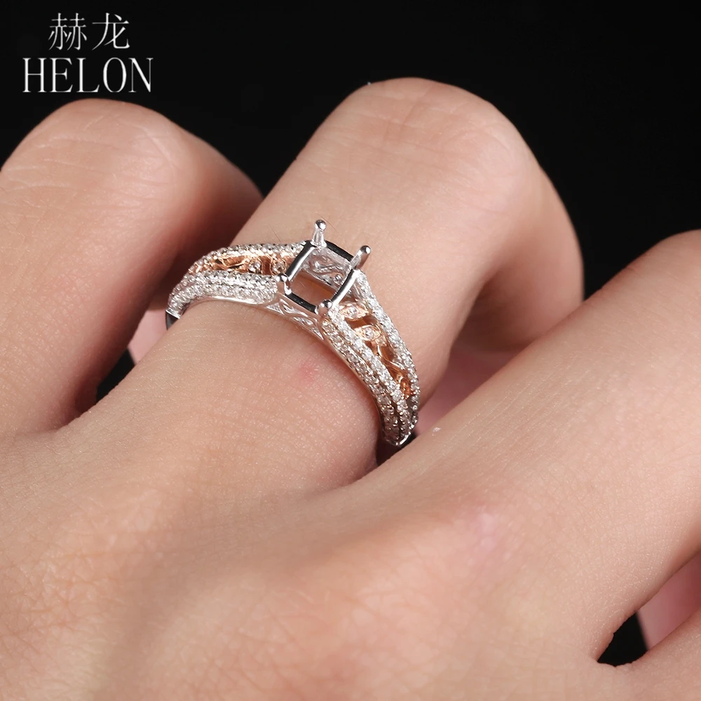 

HELON Cushion Cut 6X4mm Solid 10K White Gold & Rose Gold 0.4ct Natural Diamonds Engagement Wedding Semi Mount Ring Setting