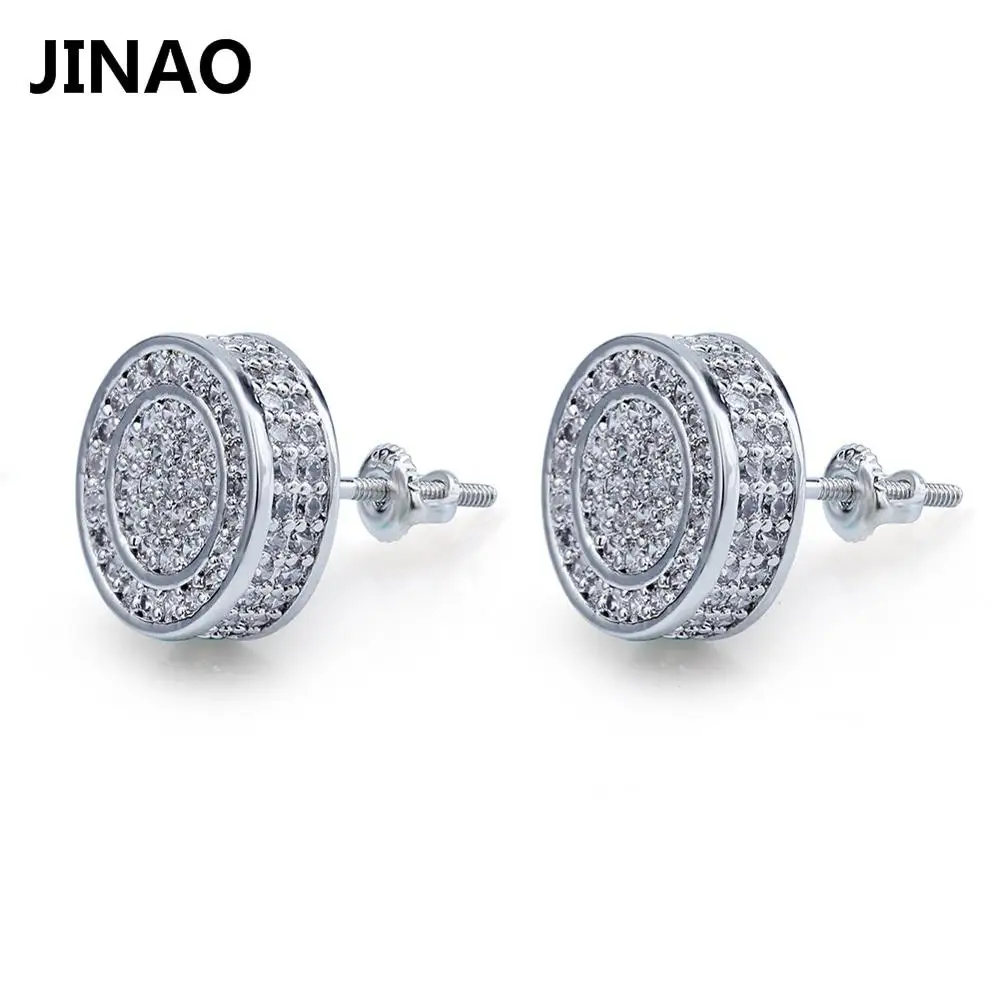 Silver Jinao для хип-хопа льдом Сияющий Золотой Круглый серебряного цвета, серьги со шпилькой, для Для женщин Для мужчин модные AAA кубический циркон серьги ювелирные изделия - Окраска металла: Silver