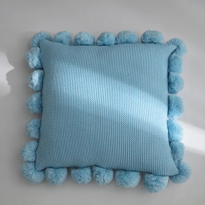 blue Вязаные чехлы для подушек, белый, зеленый, оранжевый, синий, однотонный чехол для подушки с помпоном для дивана, кровати, дома, декоративная наволочка 45*45 см - Цвет: blue