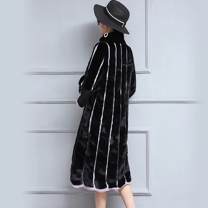 2019 New Women Faux Fur Coat Long Black and Purple Contrast Color Striped Patchwork Loose Overcoat Plus Size 5XL 6XL | Женская одежда