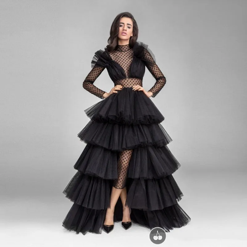 Sexy Black Lace Long Sleeve Prom Dresses Newest Sheer High Neck Tiered Tulle Greek Special Occasion Dress Vestido Formatura | Свадьбы и