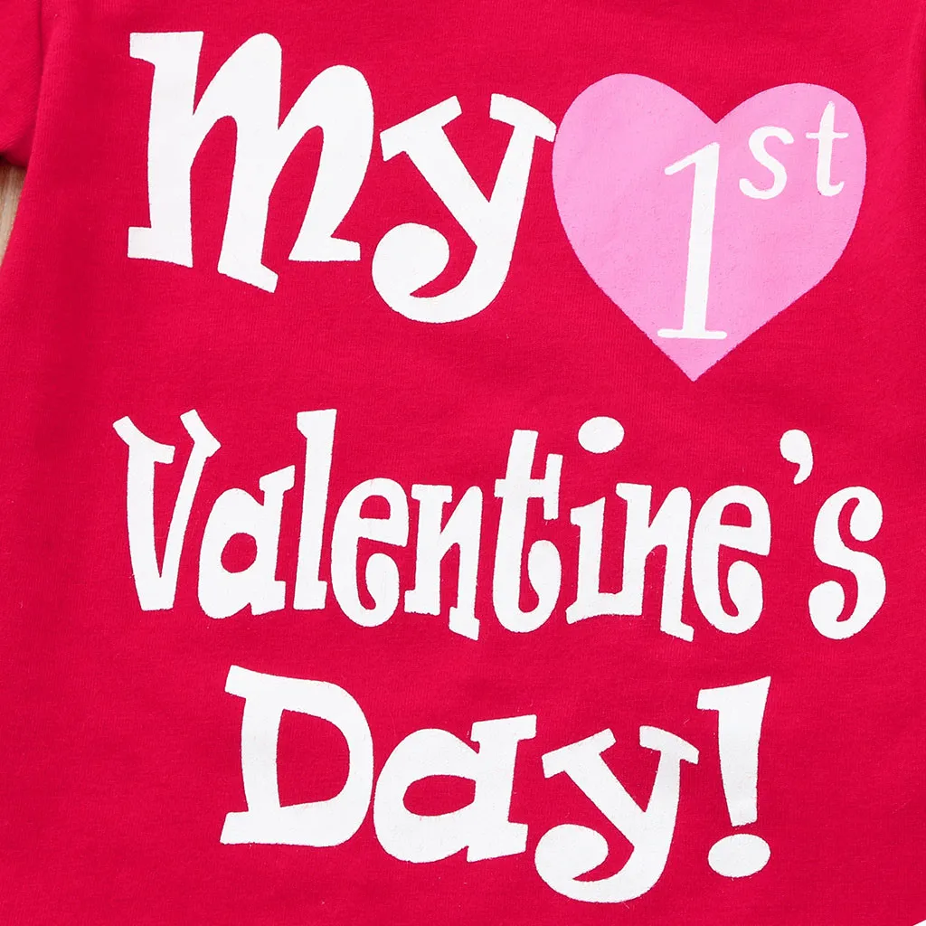 My 1ST Valentine Day Newborn Baby Boy Girl Outfits Cotton Valentines Outfit Letter Romper+Pants+Hat+Headbands Set L1228 | Детская одежда
