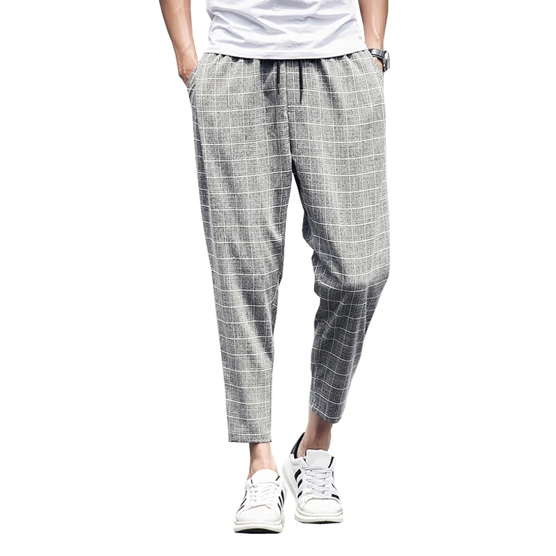 

2020 New Spring Plaid Ankle-length Men Sweatpants Casual linen Joggers Trousers 3 Colors M-3XL AYG226