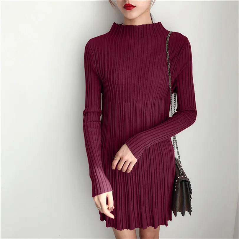 Elegant Long Sleeve Patchwork Knitted Women Sweater Dress Loose Stand Collar A Line Solid Female Pullover Jumper Undershirt | Женская