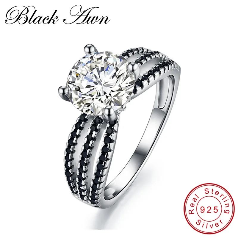 

[BLACK AWN] Neo-Gothic 3.9g 925 Sterling Silver Jewelry Trendy Wedding Rings for Women Engagement Ring Femme Bijoux Bague C095