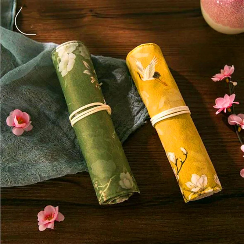 Новинка, Модный китайский цветочный чехол для макияжа, школьная Холщовая Сумка в рулоне, ящик для хранения кистей для макияжа, Литературная Милая стильная сумка
