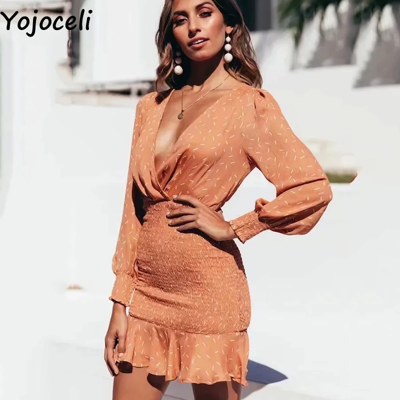 Yojoceli сексуальное платье с рюшами и принтом женское осенвечерние вечернее