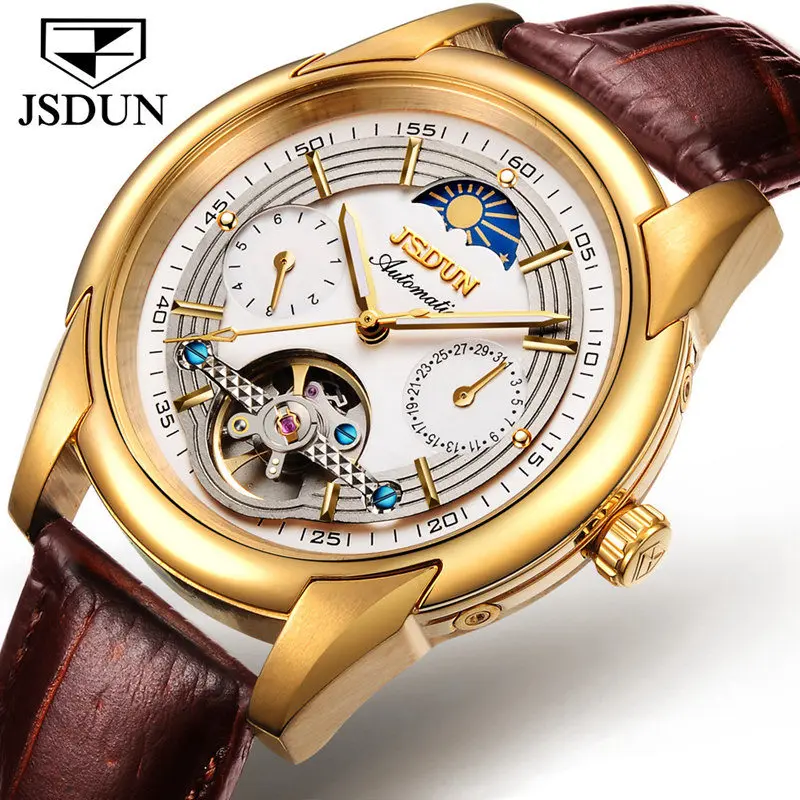 Brown white Автоматические механические часы мужские кожаные JSDUN Moon phase Мужские s часы лучший бренд класса люкс классические бизнес золотые мужские наручные часы Новые - Цвет: Brown white