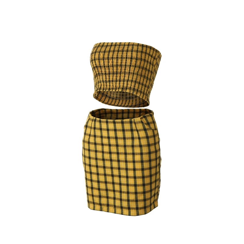Женский облегающий комплект из 2 предметов укороченный Топ без бретелек в клетку