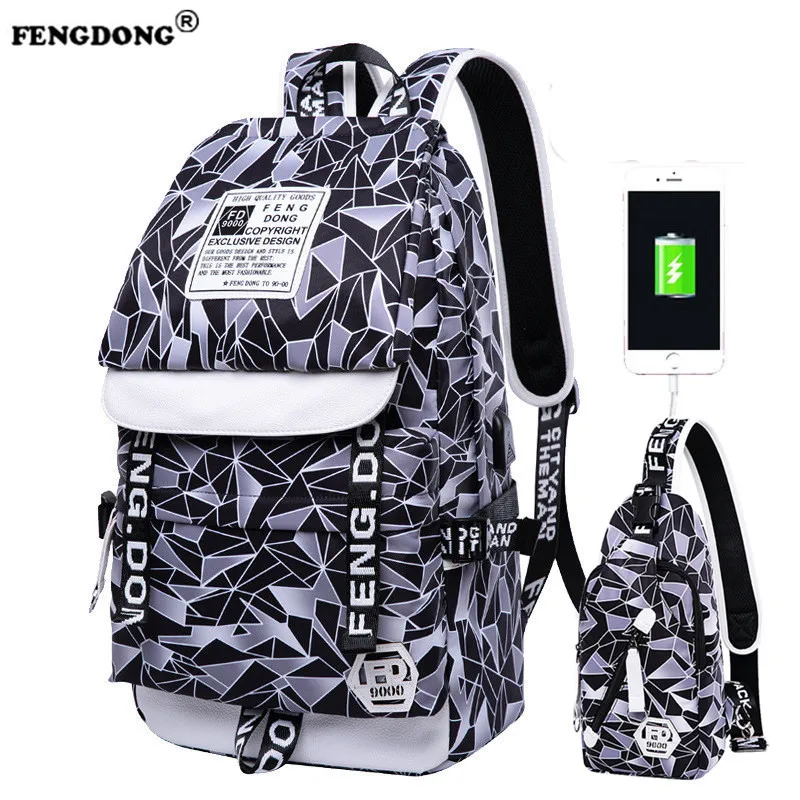 Fengdong Brand Design 2018 Fashion Backpacks Waterproof Nylon Women Backpack Female Geometric for Teenage Girls | Багаж и сумки