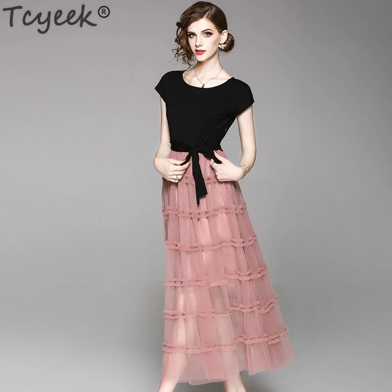 

Tcyeek Long Summer Dress Women Elegant Mesh Dress Maxi Party Clothes 2020 Black Pink Vintage Dresses Vestidos De Fiesta LWL1674