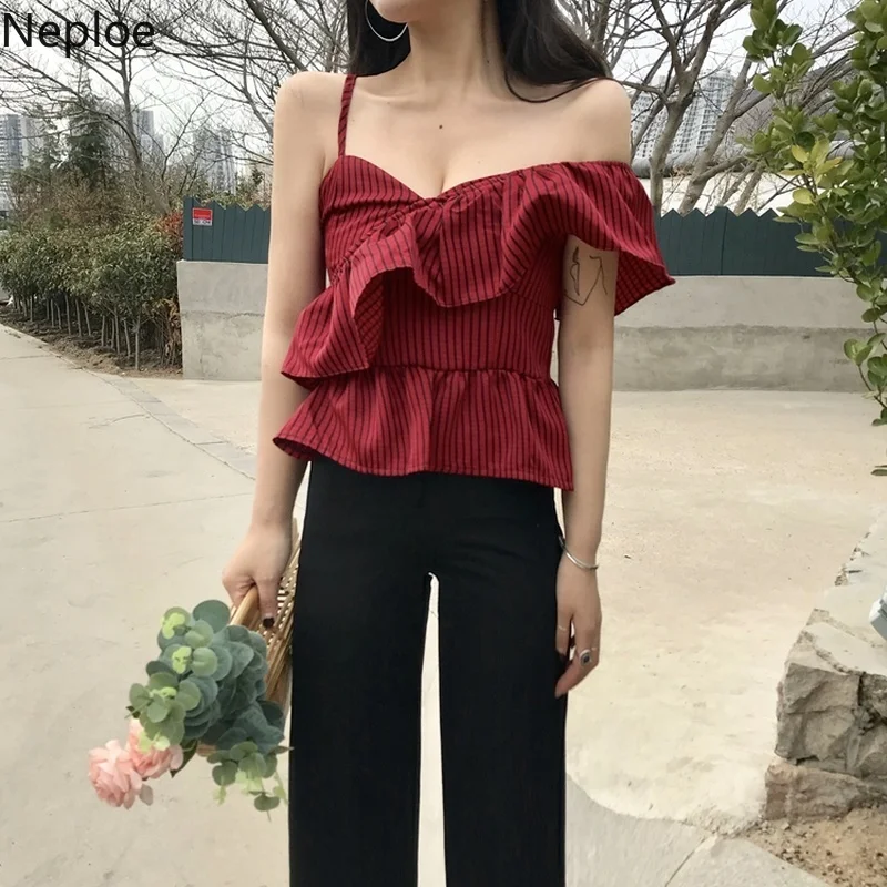 Женская блузка без бретелек весна 2020 Повседневная Блузка в полоску с оборками