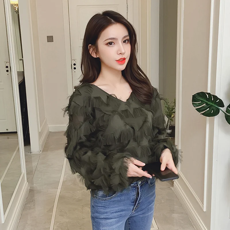 Blusas Mujer De Moda Новинка осени 2018 шифоновые Женские топы с кисточками и перьями