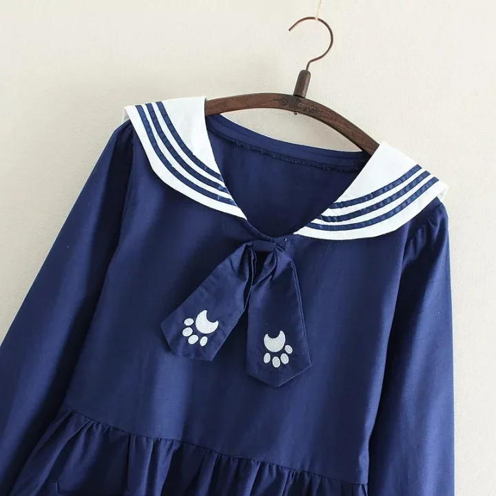 Japanese Girls Lovely Cat Embroidery Design Dresses Casual Youth Women Sailor Collar With Tie Cotton Dress Drop Shipping | Женская