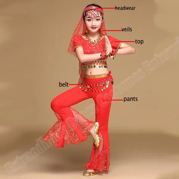 Red-5pcs Девушки Болливуд танцевальные костюмы танец живота индийский набор сари шифон наряд представление на Хэллоуин Топ Пояс брюки Вуаль головной убор - Цвет: Red-5pcs