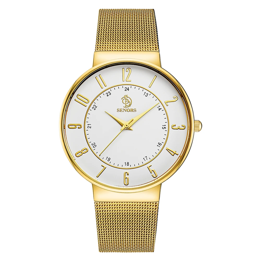 

SENORS Luxury Mens Gold Watches Rose Original Simple Man Clocks Quartz Stainless Steel Back Male Wristwatch