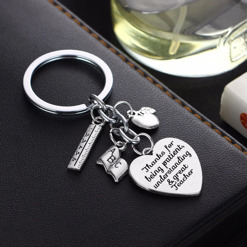Thanks For Being Patient Understanding &amp Great Teacher Keychain Jewelry Apple Ruler ABC Book Heart Charms Keyring Teachers Gifts |