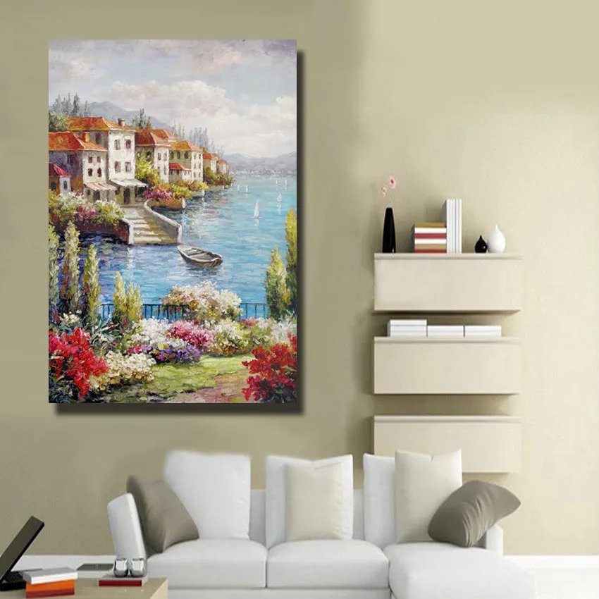 Современная ручной работы масляная Картина на холсте красивый морской город сад