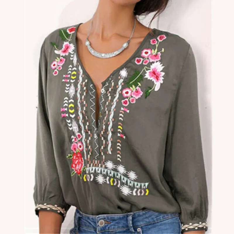 Женская Свободная блузка с цветочным принтом V образным вырезом и длинным