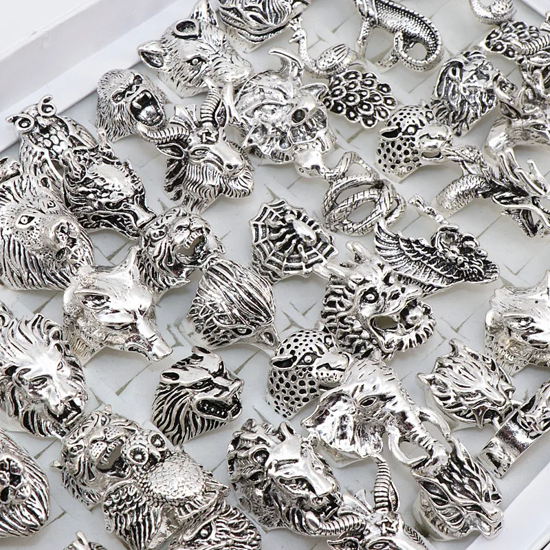 

Wholesale 20pcs/Lots Mix Snake Owl Dragon Wolf Elephant Tiger Etc Animal Style Antique Vintage Jewelry Rings for Men Women