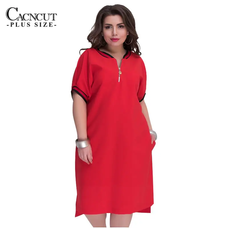 Прямые женские платья CACNCUT 5XL 6XL 2020 размера плюс с молнией и круглым вырезом летнее