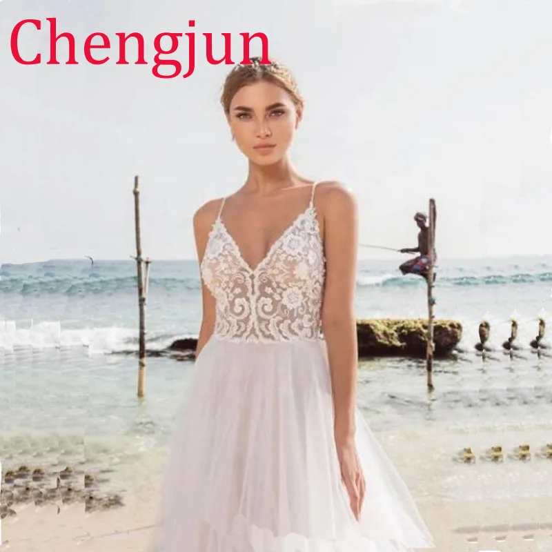 Chengjun простое ТРАПЕЦИЕВИДНОЕ платье без рукавов Boho пляжное свадебное платье