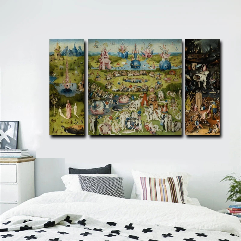 3 шт., печать на холсте, настенная живопись-Hieronymus Bosch, известная картина маслом, Сад земных прелестей, принты на холсте, домашний декор
