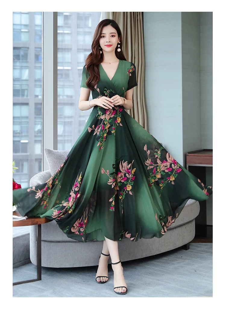 Loose Large Size Beach Vacation Dress New Arrival Print Chiffon Dress V Neck Fashion Elegant midi dress Casual korean dress