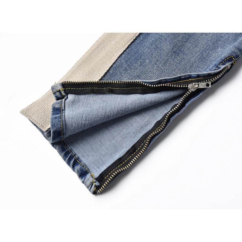 

Streetwear Striped Hole Jeans Men's Washed Distressed Track Jean Hip Hop Ankle Zipper Skinny Denim Pants Slim Fit Biker Jeans
