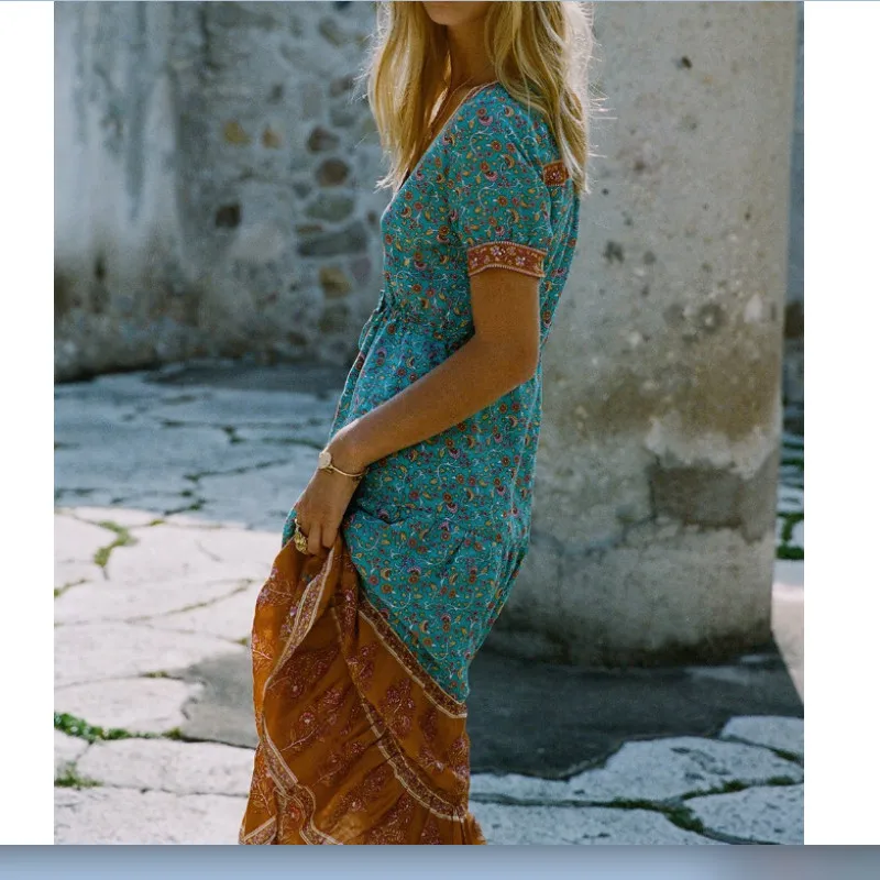 Fashion New Dress Womens Boho Floral Deep V-Neck Short Sleeve Long Evening Party Casual Loose Beach Sundress | Женская одежда