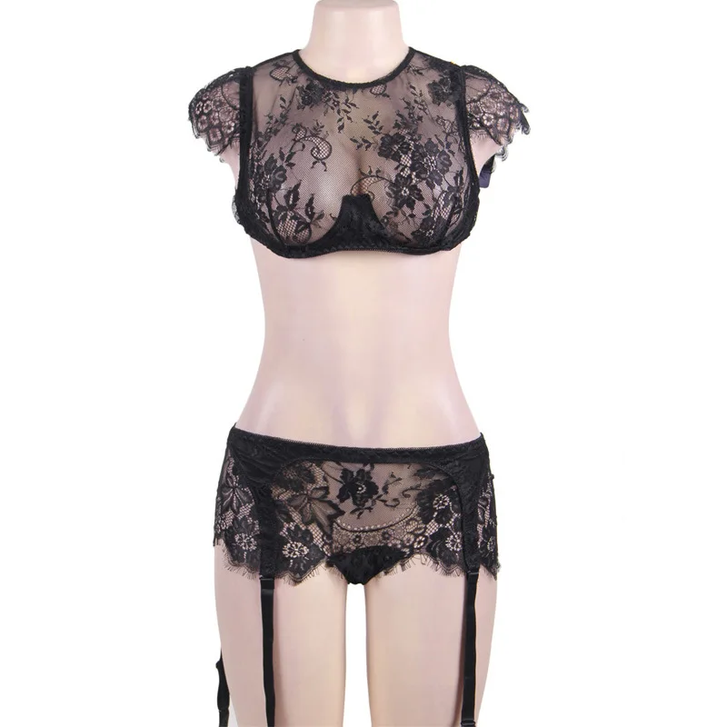 

OY69 M-5XL 2017 Sexy Lingerie Hot Black See Through Bra+ Lace Net Yarn Splice Erotic Underwear 3 Point Sexy Babydoll With Garter