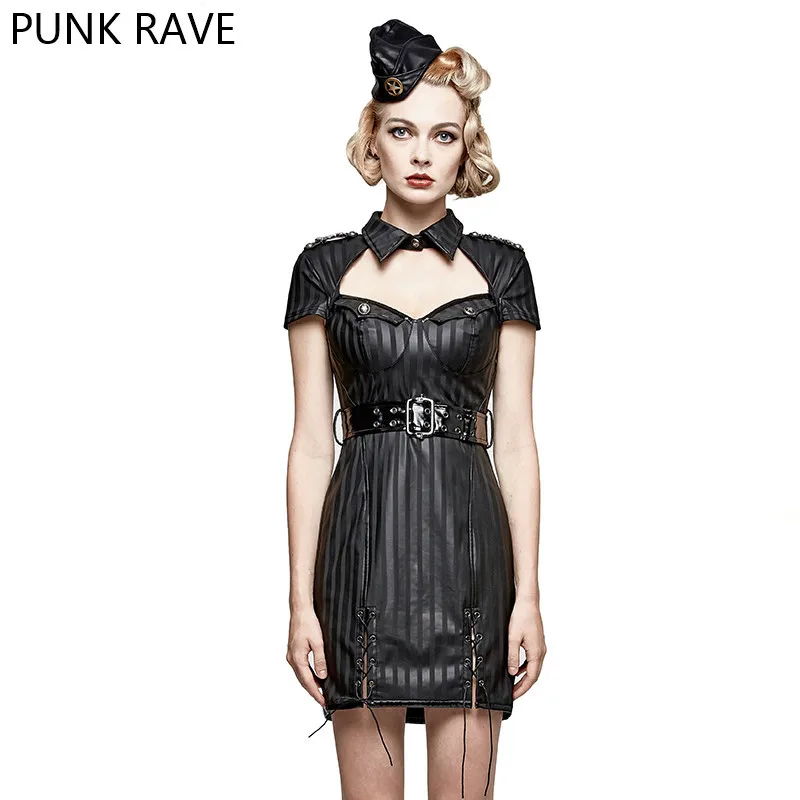 Fashion Military Striped PU Uniform Casual dresses Gothic Punk Women Novelty Halloween Christmas Dress PUNK RAVE Q-305 | Женская одежда