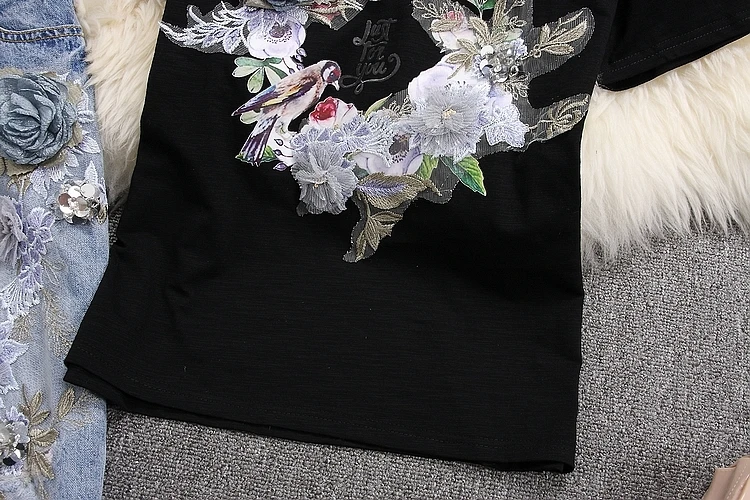 ALPHALMODA летние женские хлопковые футболки с коротким рукавом, рваные джинсы, тяжелая работа, 3D Цветочные хлопковые футболки, джинсовые штаны
