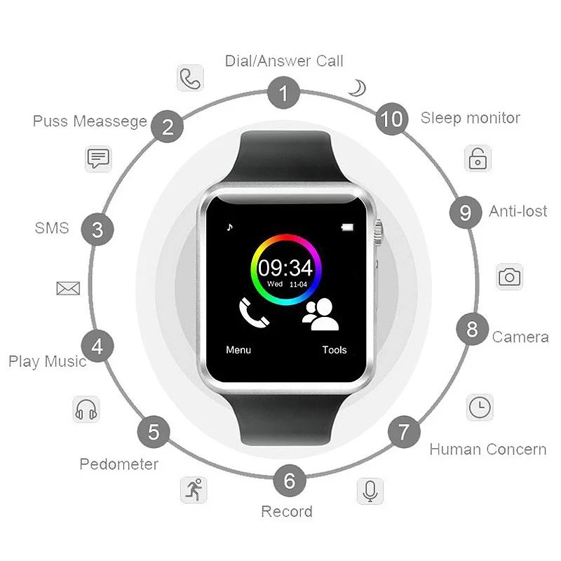 2018 A1 Bluetooth Smart часы наручные для samsung huawei Xiaomi htc sony телефона Android Поддержка SD