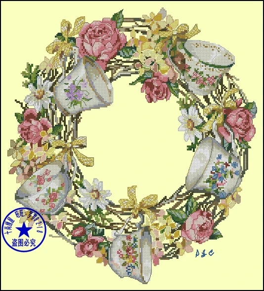 

Top Quality hot selling lovely beautiful counted cross stitch kit teacup garland flower flowers