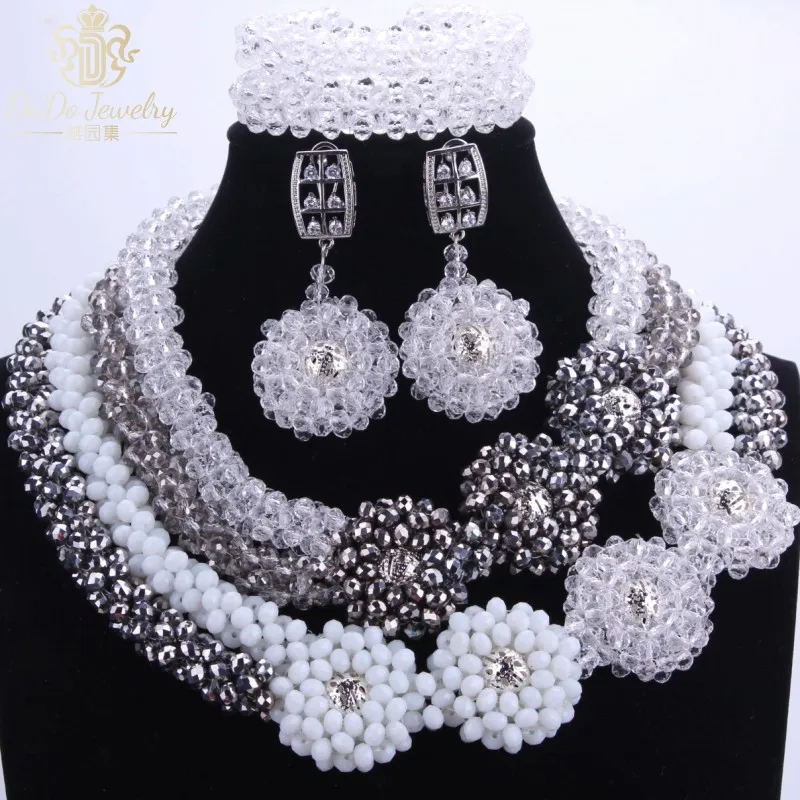 Модные в нигерийском стиле свадебный комплект белый серебро Дубай Ювелирные