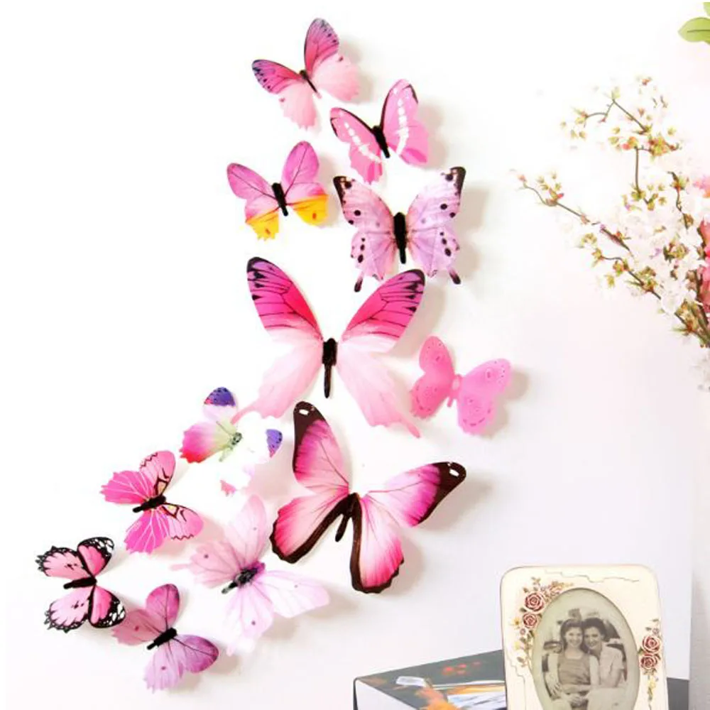 12 шт./лот ПВХ бабочки наклейки 3D стены Home Decor плакат Дети номера отделка стен для