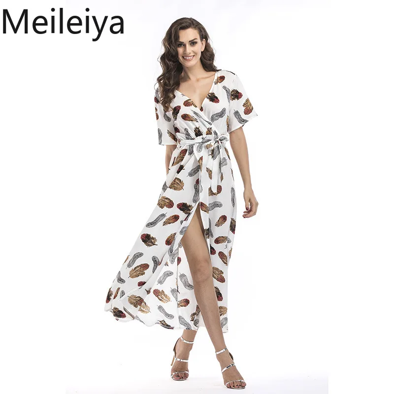 Женское шифоновое платье с v-образным вырезом Пляжное цветочным принтом лето 2019 |